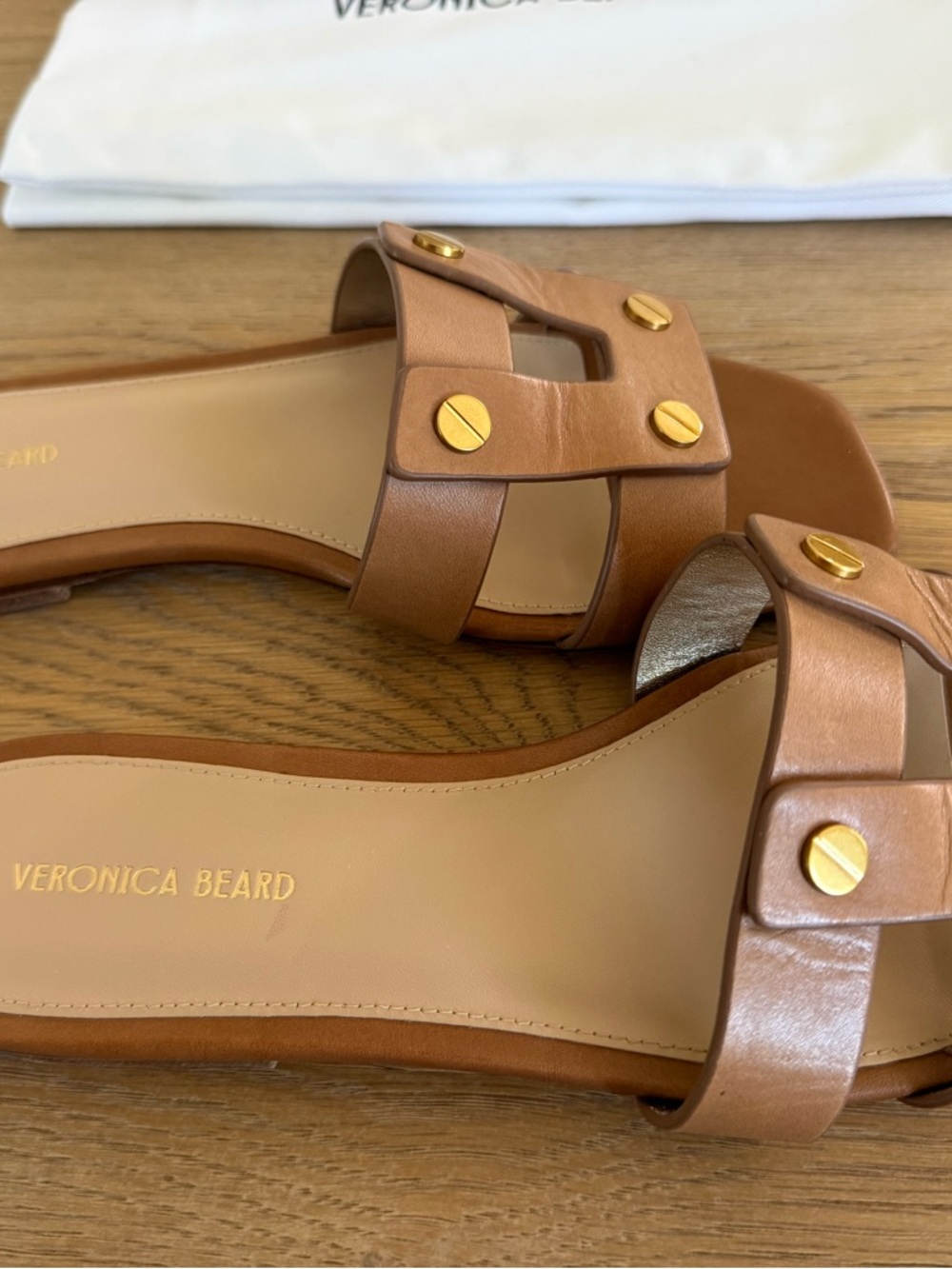 VERONICA BEARD Via Slide Leather Sandals Honey Tan Size 7.5 with Box Dust Bag - Picture 2 of 5